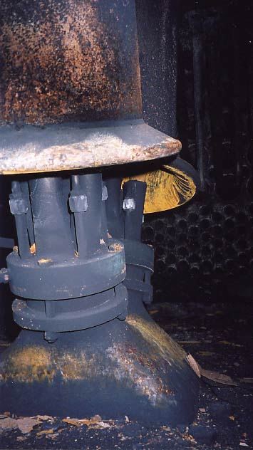 Inside the smokebox of R766 showing the exhaust nozzles & blower arrangement. May 2001.