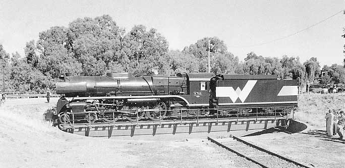 During the "Swan Hill Day Tour" run for the ARE, R 766 under West Coast's care rides the turntable at Swan Hill. 766, modified to the same configuration as 711, has not run since suffering a major mechanical failure at Little River on 14th April this year. At the time of writing this caption, however, repairs were almost completed. 31.3.2001. CLAUDE RILEY 