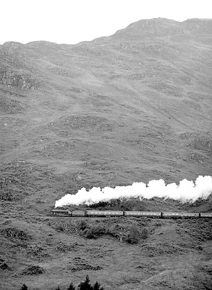 B1 61264 climbs hard away from Glenfinnan viaduct. July 8 2003 