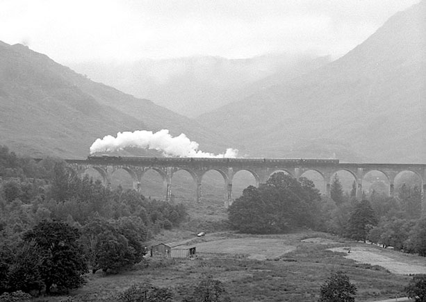 B1 61264 and train are just visible through the drizzle as they cross Glenfinnan viaduct. July 8 2003
