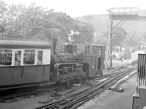 No.6 Padarn came down the hill well after No.4. Here the loco and coach are seen going on shed. July 11 2003