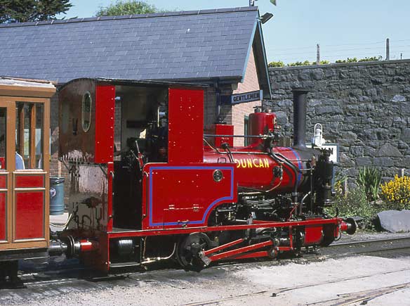 Just our luck - a 'Thomas the Tank' engine ! Talyllyn No.6 Douglas masquerades as No.6 Duncan at Tywyn Wharf station. July 14 2003