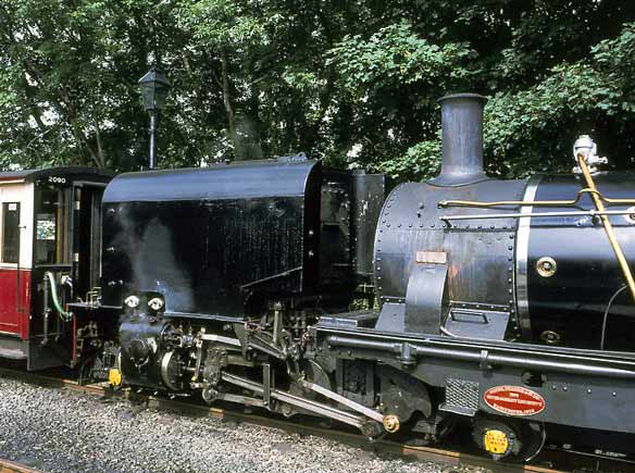 This view of NG143's front engine unit clearly shows the Walschaerts motion. On the NGG16s it is arranged with the radius rod connecting to the combination lever (lap & lead lever) above the height of the valve stem indicating the loco has inside admission valves. July 12 2003