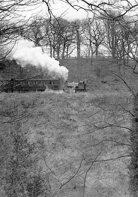 No.2 hauls a passenger train through Causey woods towards East Tanfield. March 31 1996
