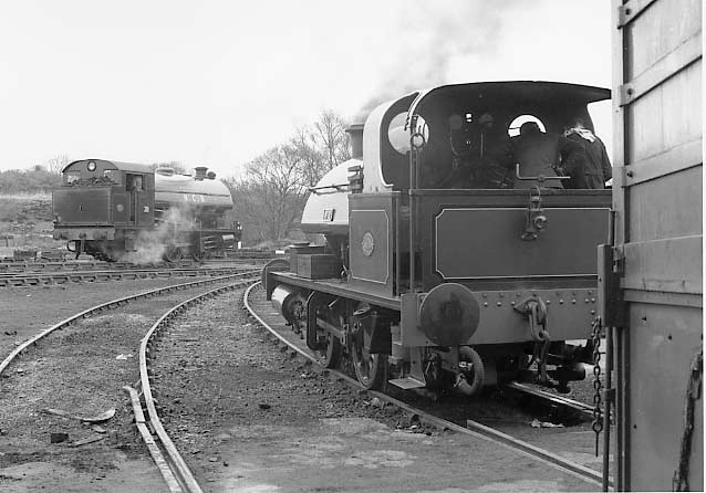 No.2 sits outside of Marley Hill shed at No.38 moves off to collect the coal train. March 31 1996