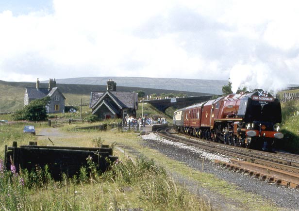 46229 Duchess of Hamilton dashes south through Dent on the Settle and Carlisle route. July 28 1990 