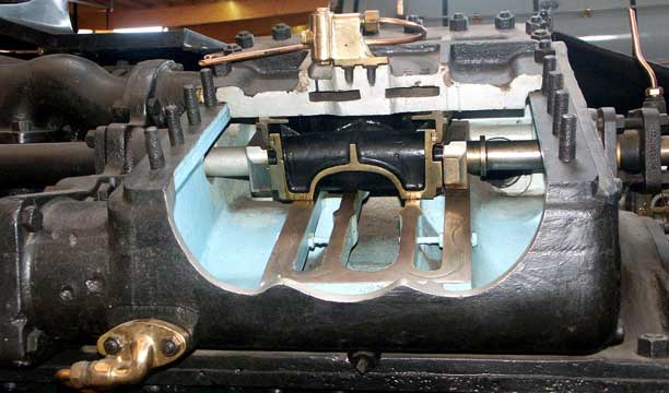 A close up of the sectioned low pressure cylinder steam chest and slide valve. The low pressure cylinders are not inline on this type. Rather they are staggered to to allow the large volume cylinders to fit between the frames. This cylinder, the right hand, was the furthest forward of the pair. October 9 2003