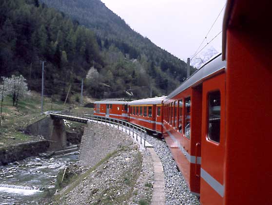 Travelling uphill towards Zermatt. April 2000