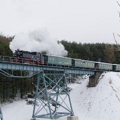 DSC6533  The final approach to Kurort Oberwiesenthal features a steel viaduct. 99 1785 climbs over it with the 11:03 arrival from Cranzahl. : Germany