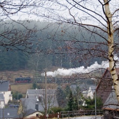 DSC6759  The line is visible from the car park at the Diska supermarket in Neudorf. This is the 08:35 from Kurort Oberwiesenthal behind 99 1772. : Germany