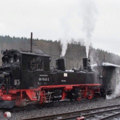 DSC7178  Also in service was Meyer 0-4-4-0t 99 1542. The Pressnitztalbahn is a preserved operation on a section of the 750mm gauge line which used to run from Wolkenstein to Jöhstadt. When the wind is in the right direction whistle from Fichtelbergbahn trains can be heard here! : Germany
